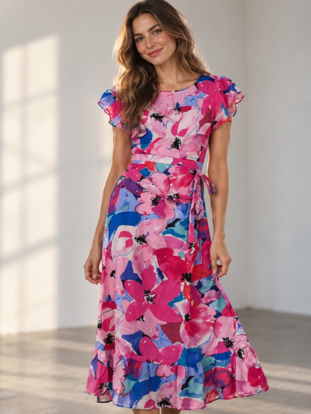 Umgee Pink Blue Floral Ruffle Sleeve Tie Waist Maxi Dress